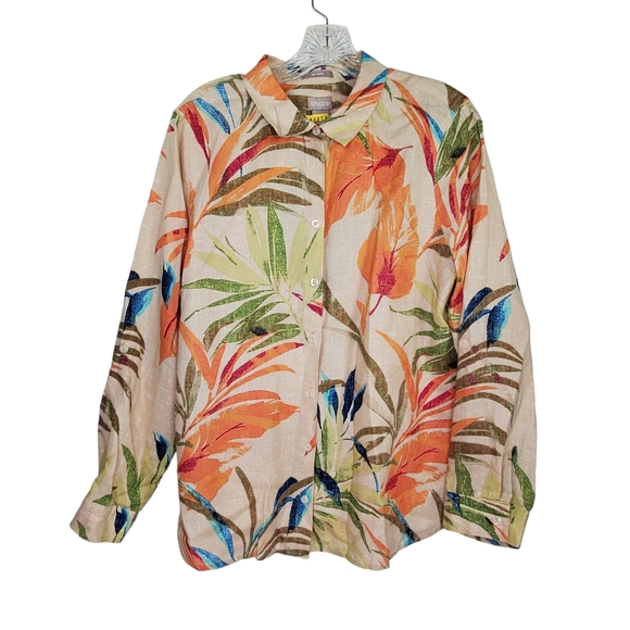 CHICO'S Linen Tropical Button Down Tab Sleeve Blouse Shirt Sz 2 12/14 Palm Leaf - Picture 4 of 11